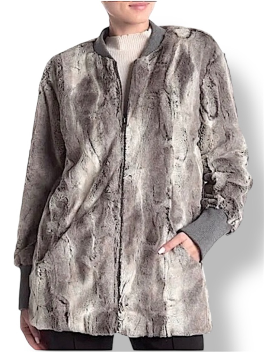 Splendid Gramercy Faux Fur Full Zip Bomber Jacket Pockets Mink Gray Look Sz XS